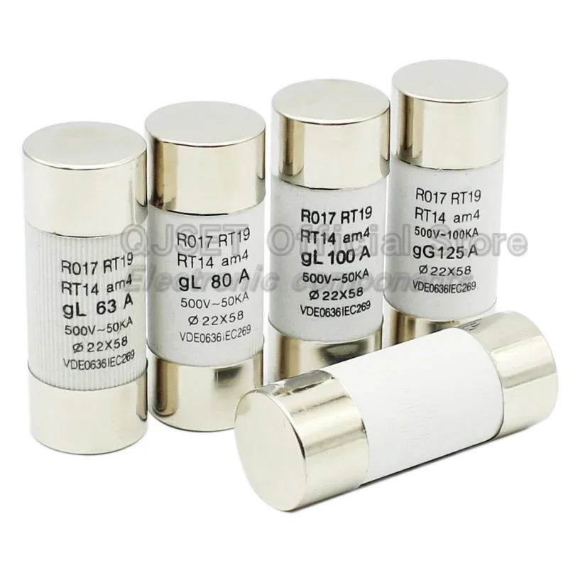 5 stks QJSET RO17 Keramische Zekering Buis R017 Quick Disconnect PV Solar Zekering 22X58mm 500 V 63A 80A 100A 125A RT14 RT19 RT18-125 22*58mm