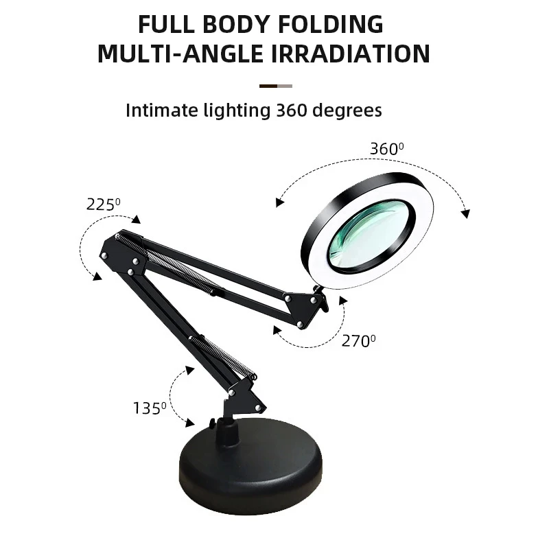 Magnifier Lamp Foldable Portable 3-Colour Switching Eye-Care Desk Lamp Ten Adjustable Gears for Makeup Nail Lash Work Repair