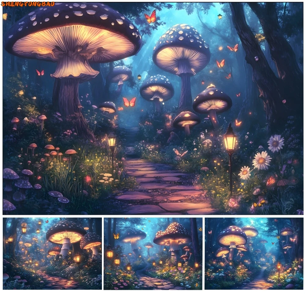 

Dreamy Wonderland Forest Backdrops For Photography Magic Mushroom Plant Fantasy Landscape Kids Portrait Photo Background Decor