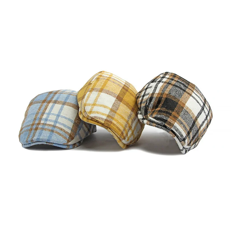 2023 Autumn Cotton Plaid Print Newsboy Caps Flat Peaked Cap Men and Women Painter Beret Hats 139