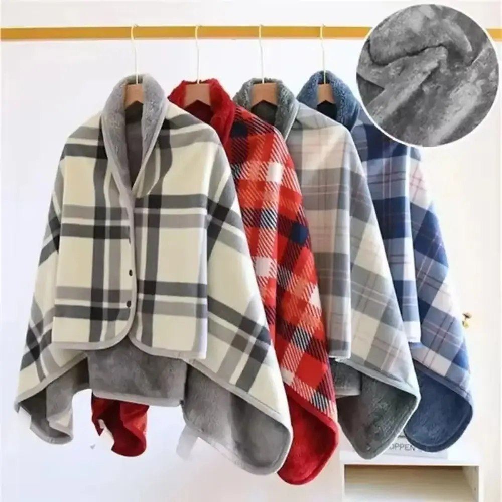 

Lazy Plaid Wearable Blanket Fleece-lined Soft Home Shawl Blanket with Button Warm Thermal Blanket Outdoor Travel