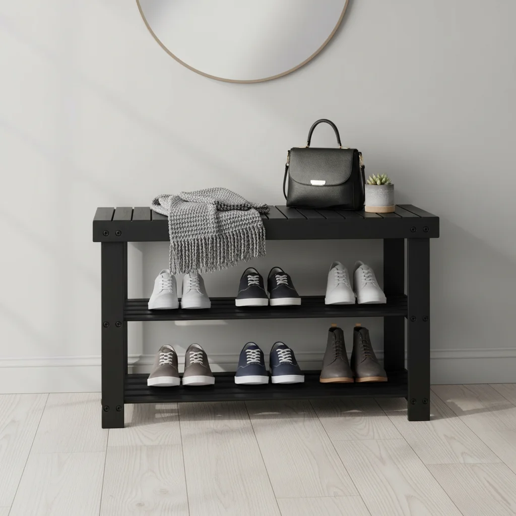 3段シューズラックベンチ、竹製玄関収納オーガナイザー、玄関ドア、寝室、リビングルーム用シューズスタンド、ブラック