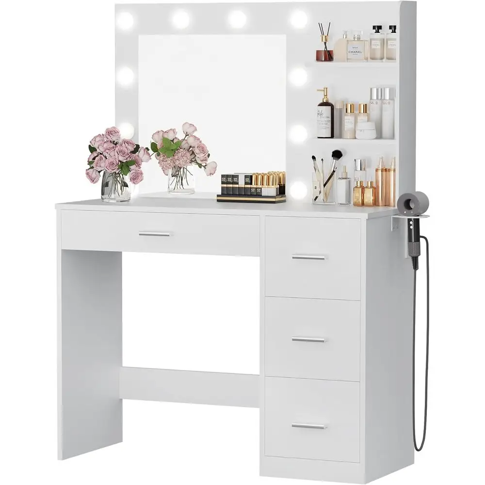 

LED Lighted Mirror Vanity Desk with Power Outlet, Makeup Table with 4 Drawers, 3 Shelves, 3 Colors, White