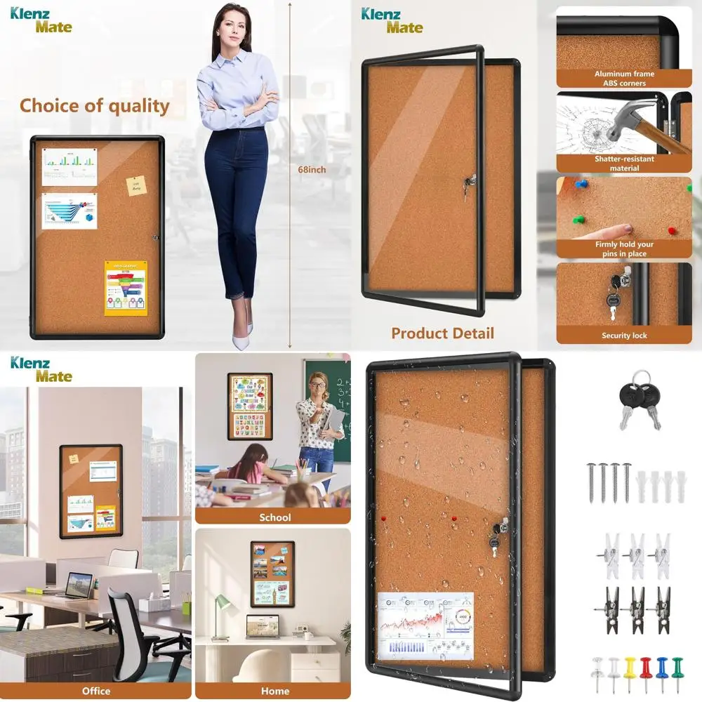 لوح فلين مغلق بإطار من القماش البني والألومنيوم الأسود ومقاوم للكسر مع باب أكريليك قابل للقفل للتعليم والمكتب،