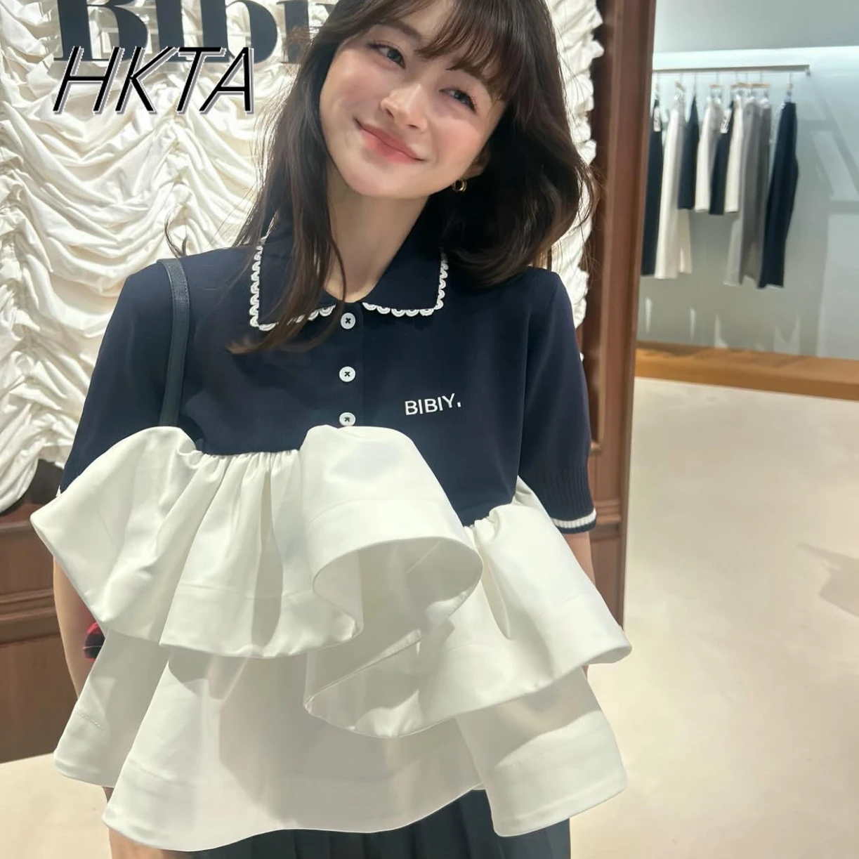 

Japanese Spliced Ruffle Knitted Splicing Puffy Top 2025 Summer New Fashion Embroidered Lapel Short-sleeve Shirt Blouse Women