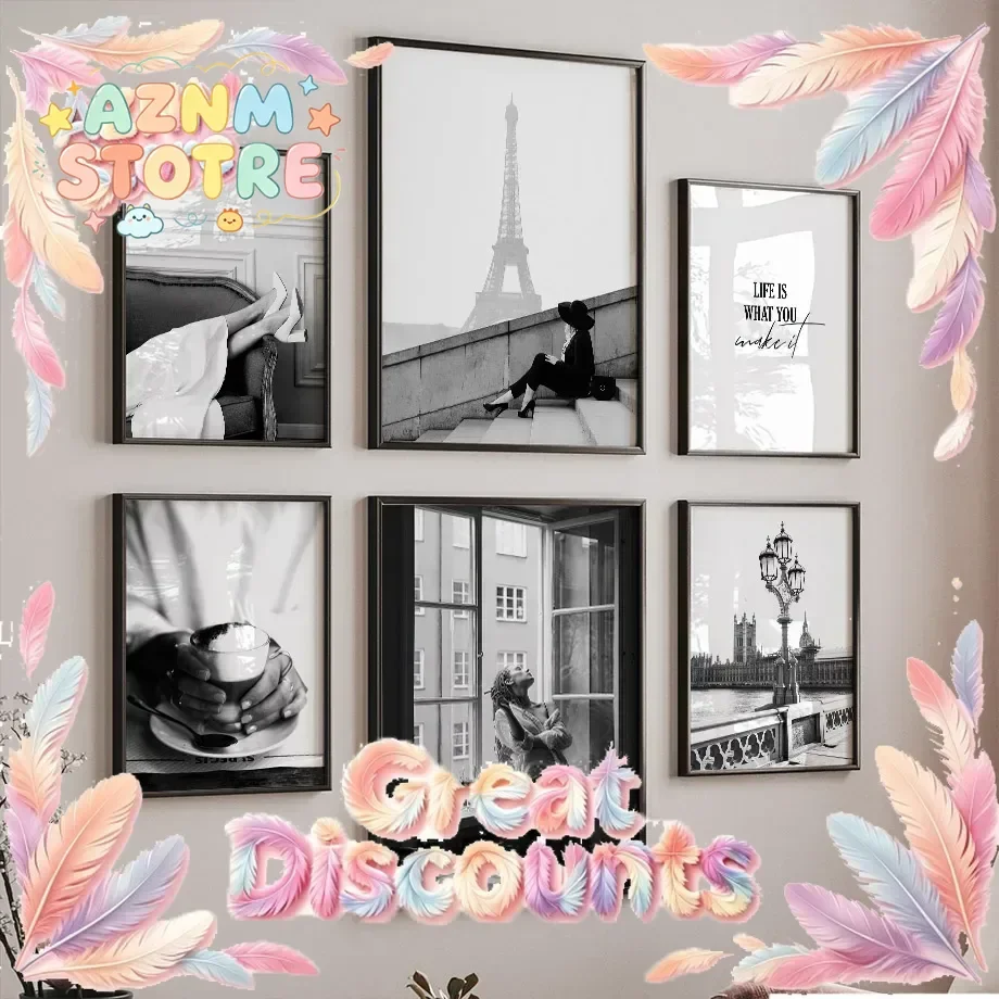 Paris Tower Girl Old Building Coffee Landscape Wall Art Painting Black White Posters Picture For Living Room Decor Canvas Pri