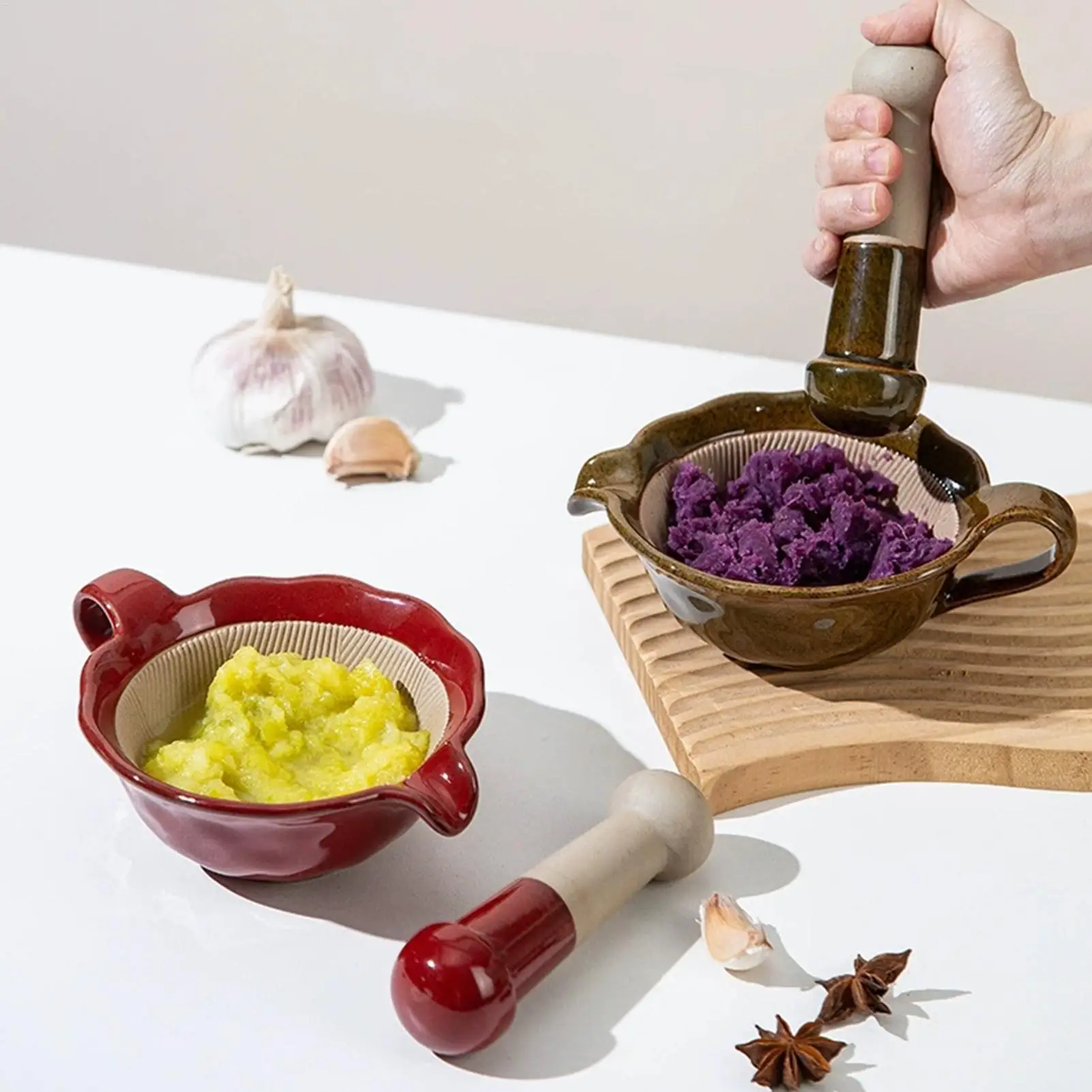 1pc Ceramic Grinding Bowl Kiln Change Hand Food Masher Manual Tool For Garlic Ginger Fruit Mashing Crushing Kitchen Tool