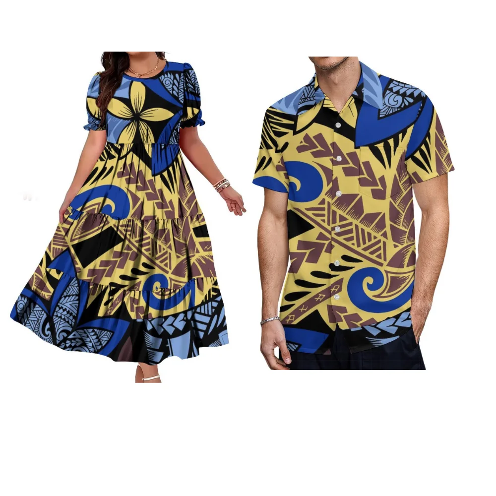 Polynesian High-Quality Custom-Patterned Couple'S Outfit Round-Neck Balloon Sleeves Fitted Waist Women'S Adult Cake Dress
