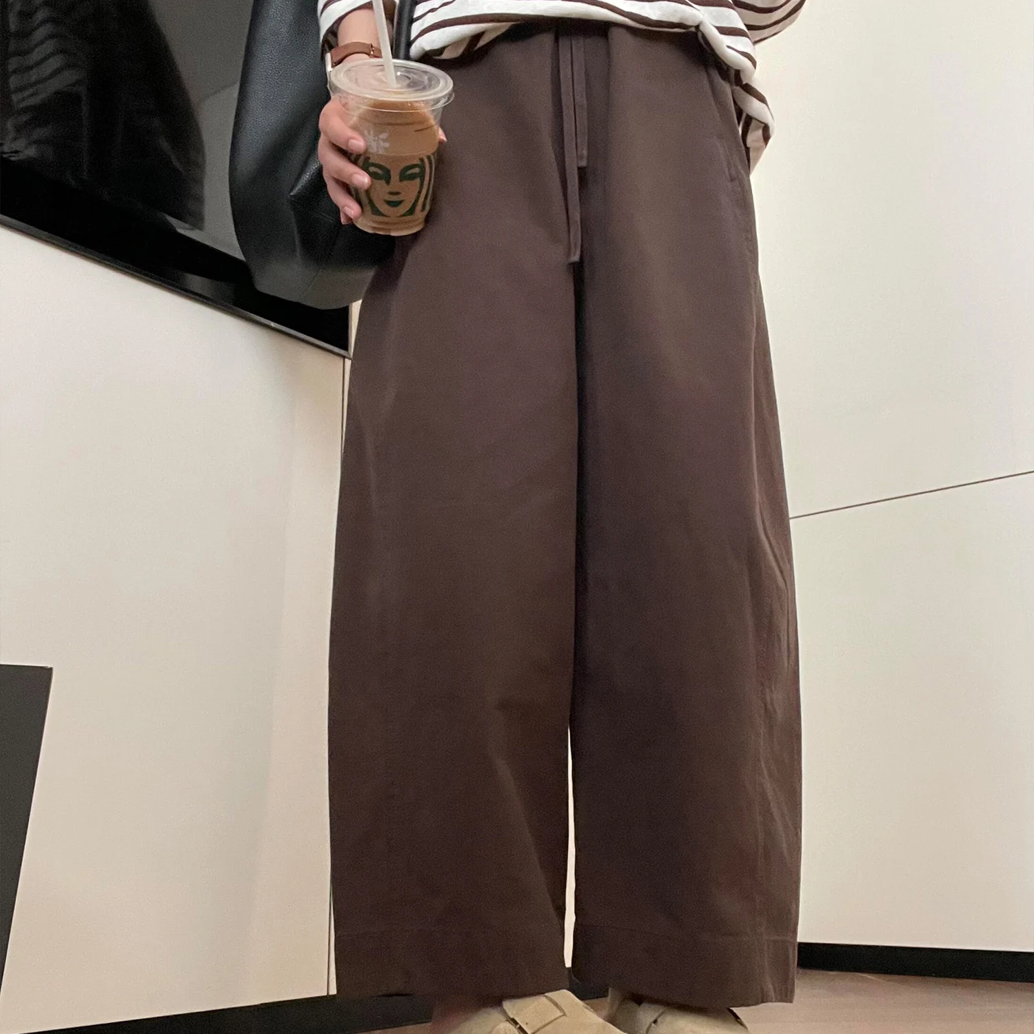 Diepbruine string elastische taille vintage wijde pijpen broek dames casual losse afslankende ballonbroek hoge taille katoen