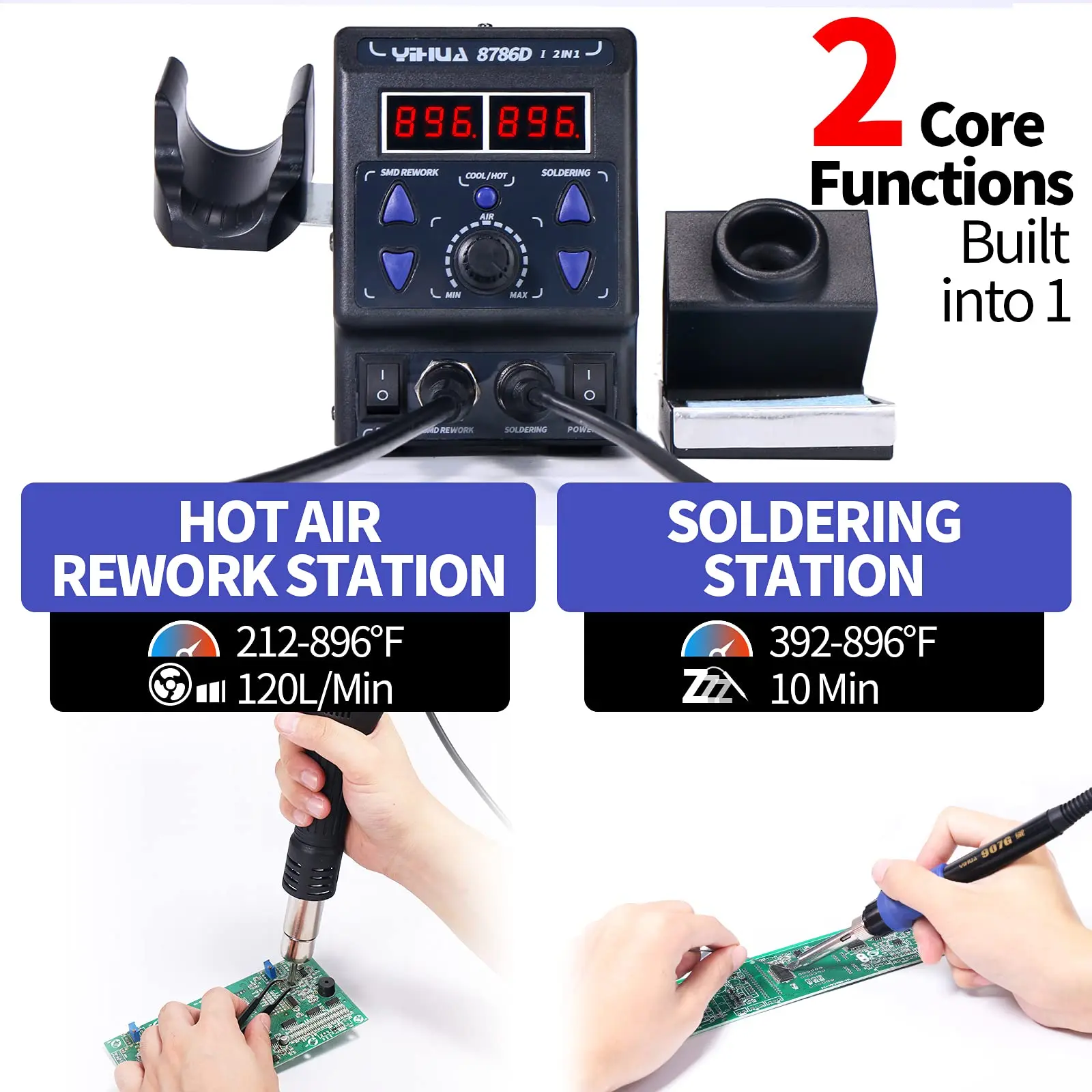 8786D 2-in-1 Soldering & Hot Air Rework Station 740W 212-896°F PID Sleep Mode with 10 Tips 4 Nozzles ESD Safe