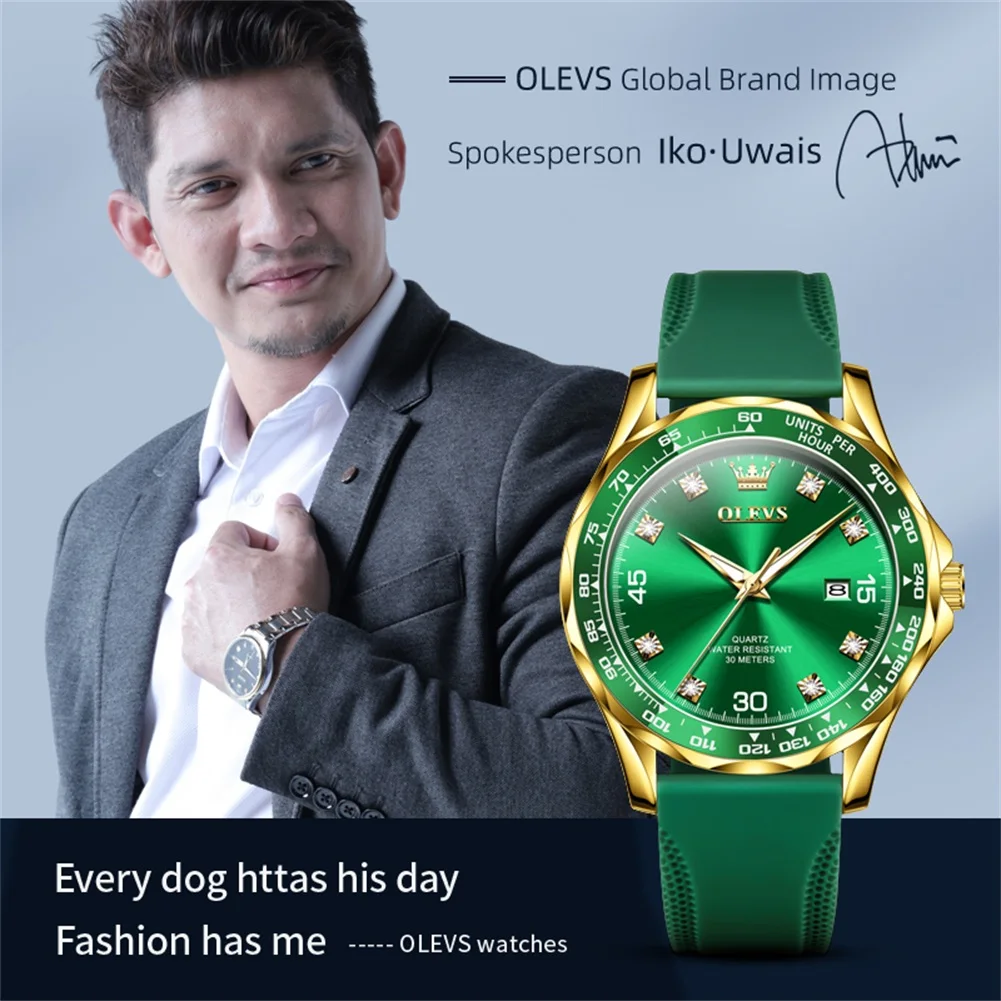 OLEVS Original Golden Green Quartz Watch for Men Luxury Brand Waterproof Rubber Strap Men's Watches Fashion Men's Watches