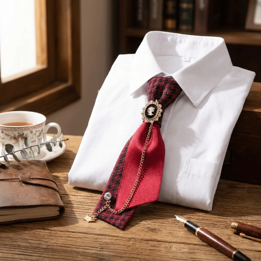 Y2K Preppy Necktie Oval Adjustable Strap Plaid Bow Tie Rhinestone Chain Multiple Colors Decorative Neck Tie