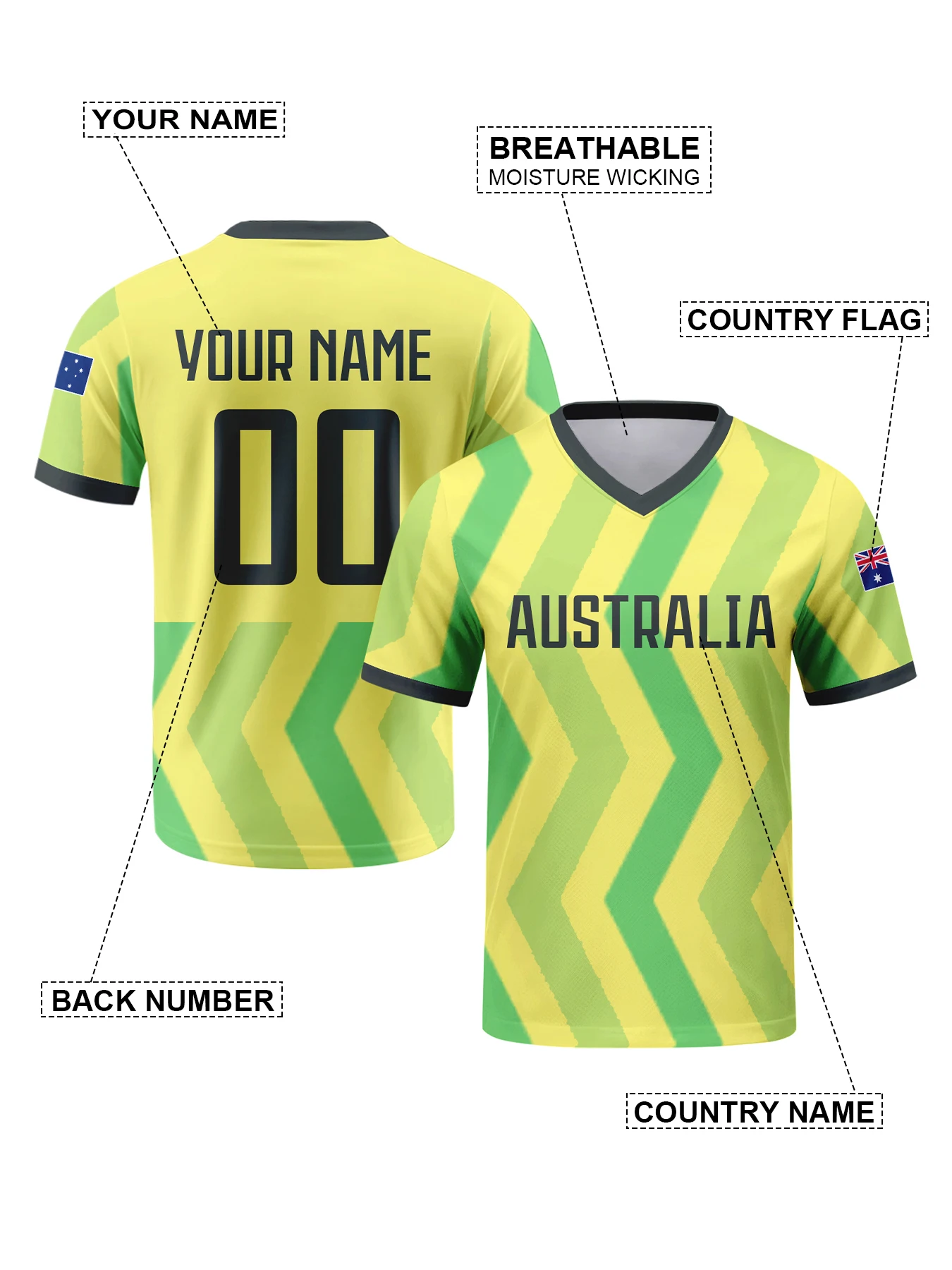 Custom Australia Soccer Jersey Personalized with Name Number Breathable V-neck Football Team Shirt for Men Youth Women view 5