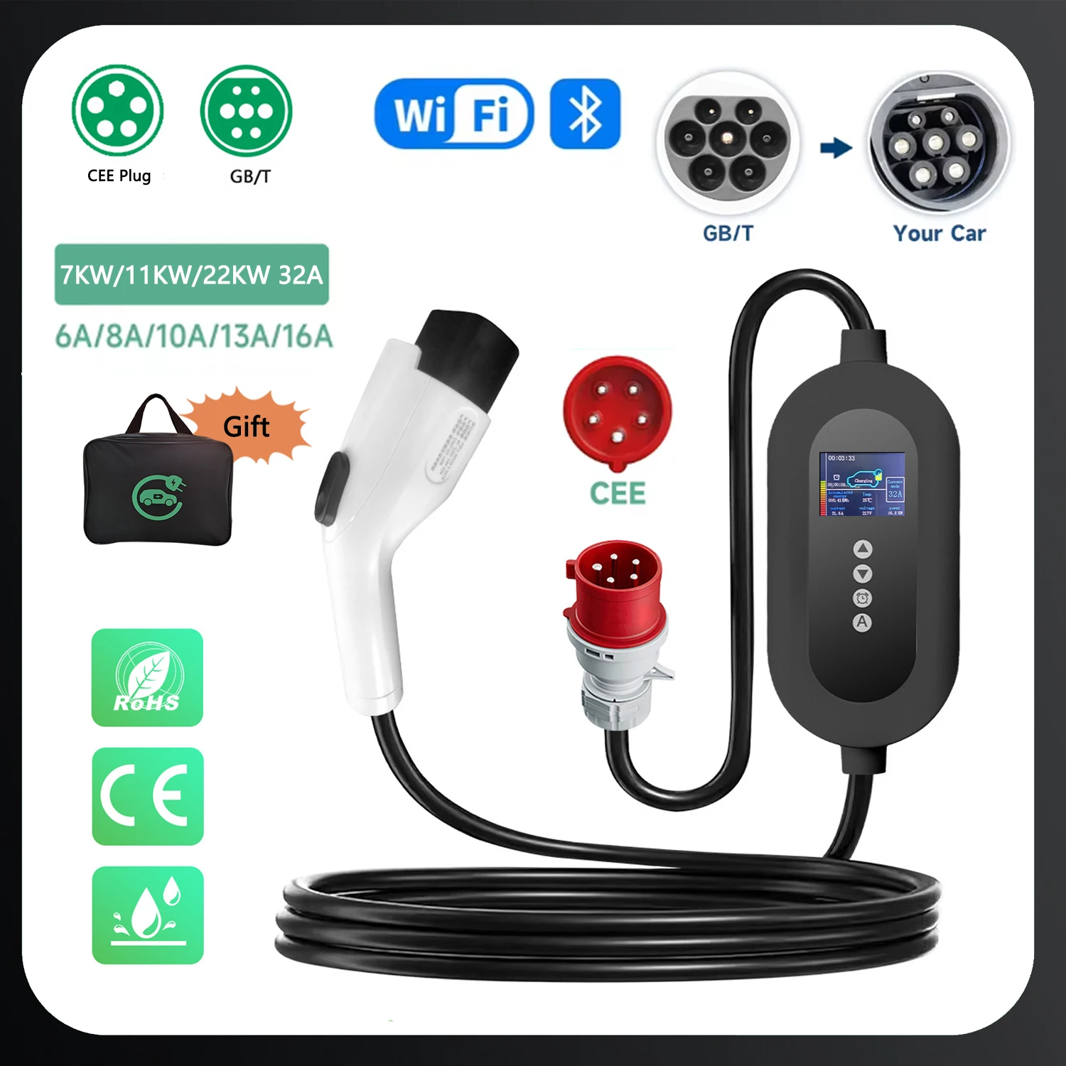 Portable EV Charger 7/11/22KW 16A/32A 3P GBT Car Charger Wi-Fi APP Control EVSE Charging Box CEE Plug for Electric Vehicle