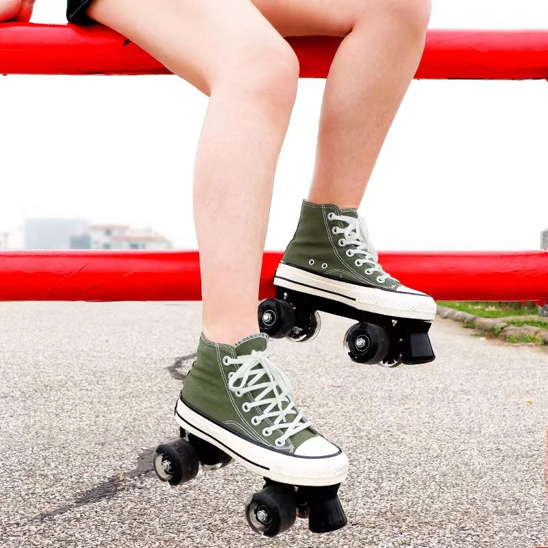 Double-Row Roller Skates for Adults, High-Top, Classic Canvas, Quad Skating Sneakers, Four-Wheel, Leisure Flash 4 Wheels