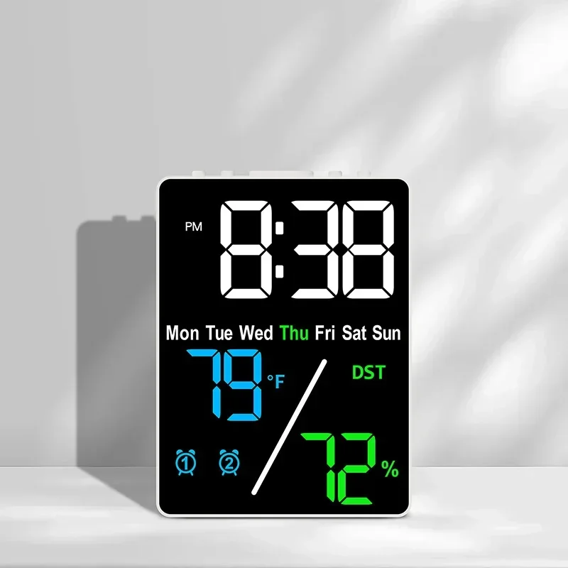 Digital Alarm Clock Temperature Humidity Date Display Charging Function 2 Alarms Brightness Adjustment Desktop Clock Home Decor