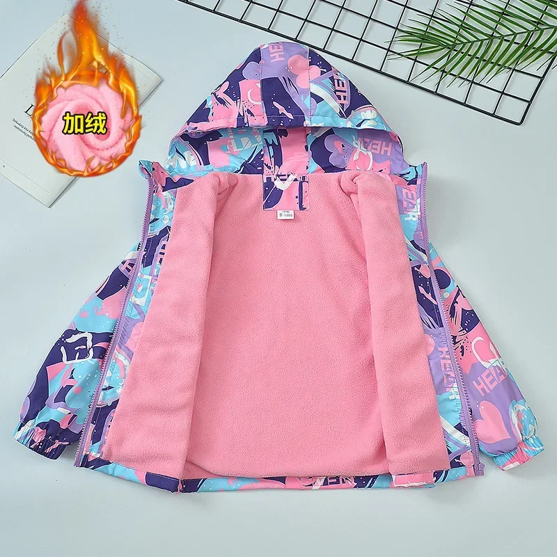 Spring Autumn Waterproof Children Hooded Cartoon Girls Jacket Warm Fleece Lined Zip Outwear School Kids Boys Outfit Top XMP99