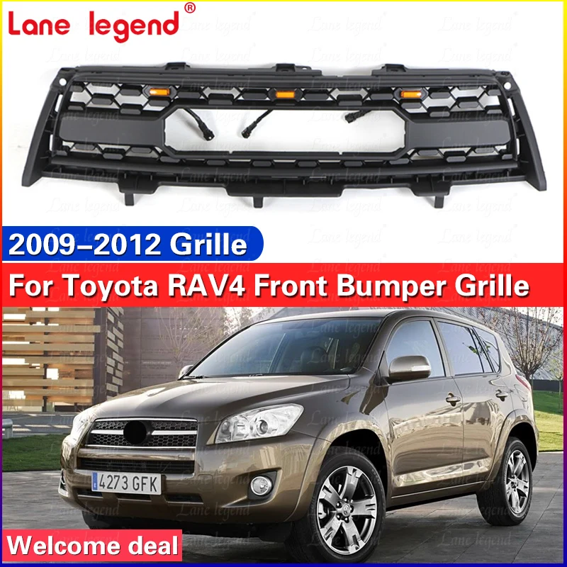 Front Grille for Toyota RAV4 2009 2010 2011 2012 Replacement Grille TRD Style ABS Front Bumper with LED Lights and Lettering