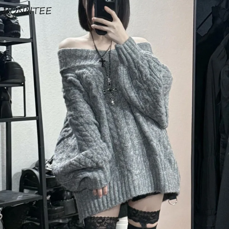 

Pullovers Women High Street Autumn Winter Thick Knitted Hot Girls V-neck Off Shoulder Korean Style Loose Ins Ulzzang Solid Gray