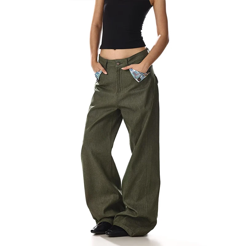Retro American Design Checkered Wide Leg Workwear Pants Street Style Couple's Pants Turn-down Pocket Distressed Denim Jeans