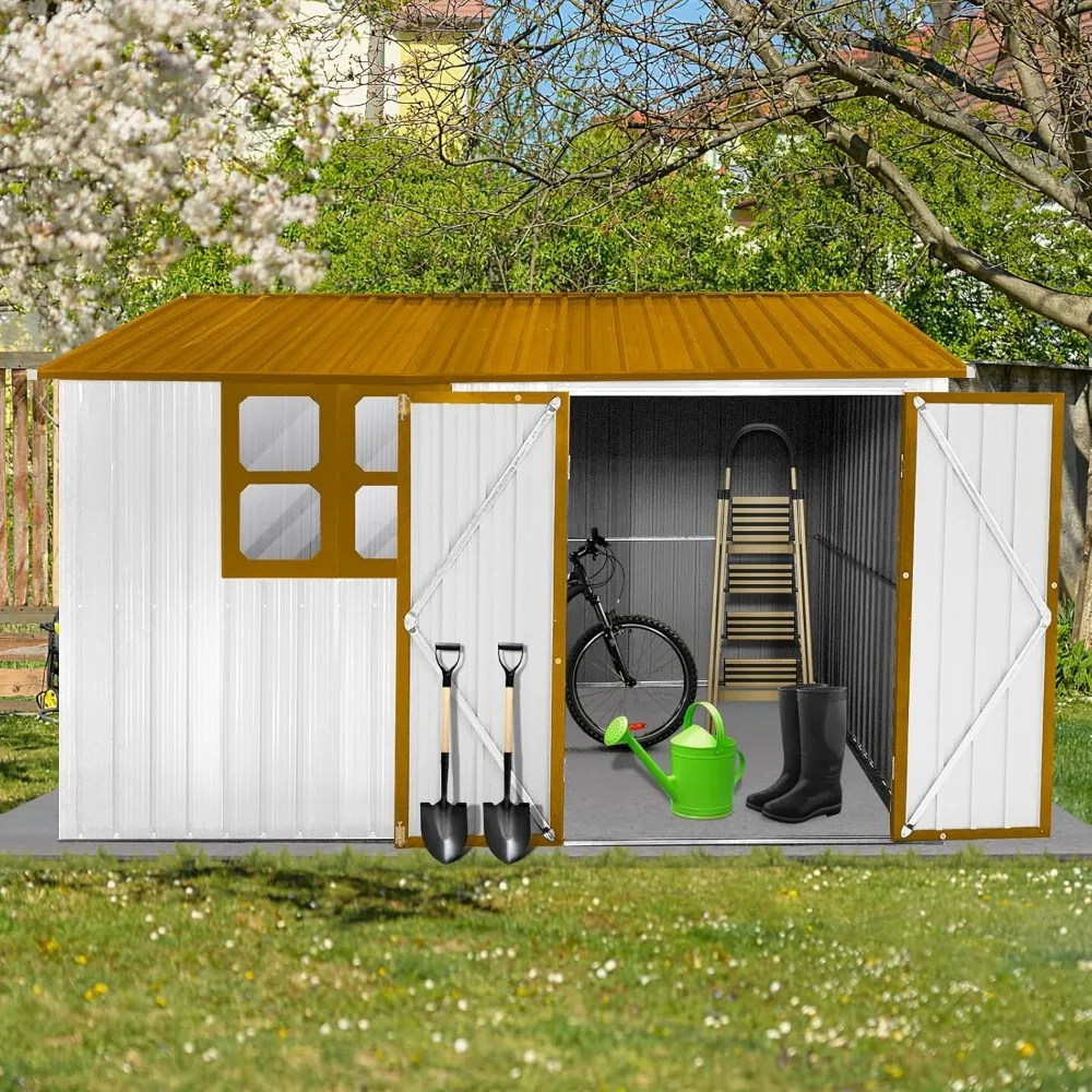 

10x8 Foot Metal Shed with Window, Waterproof Foldable Storage Cabinet featuring Lockable Doors and Roof