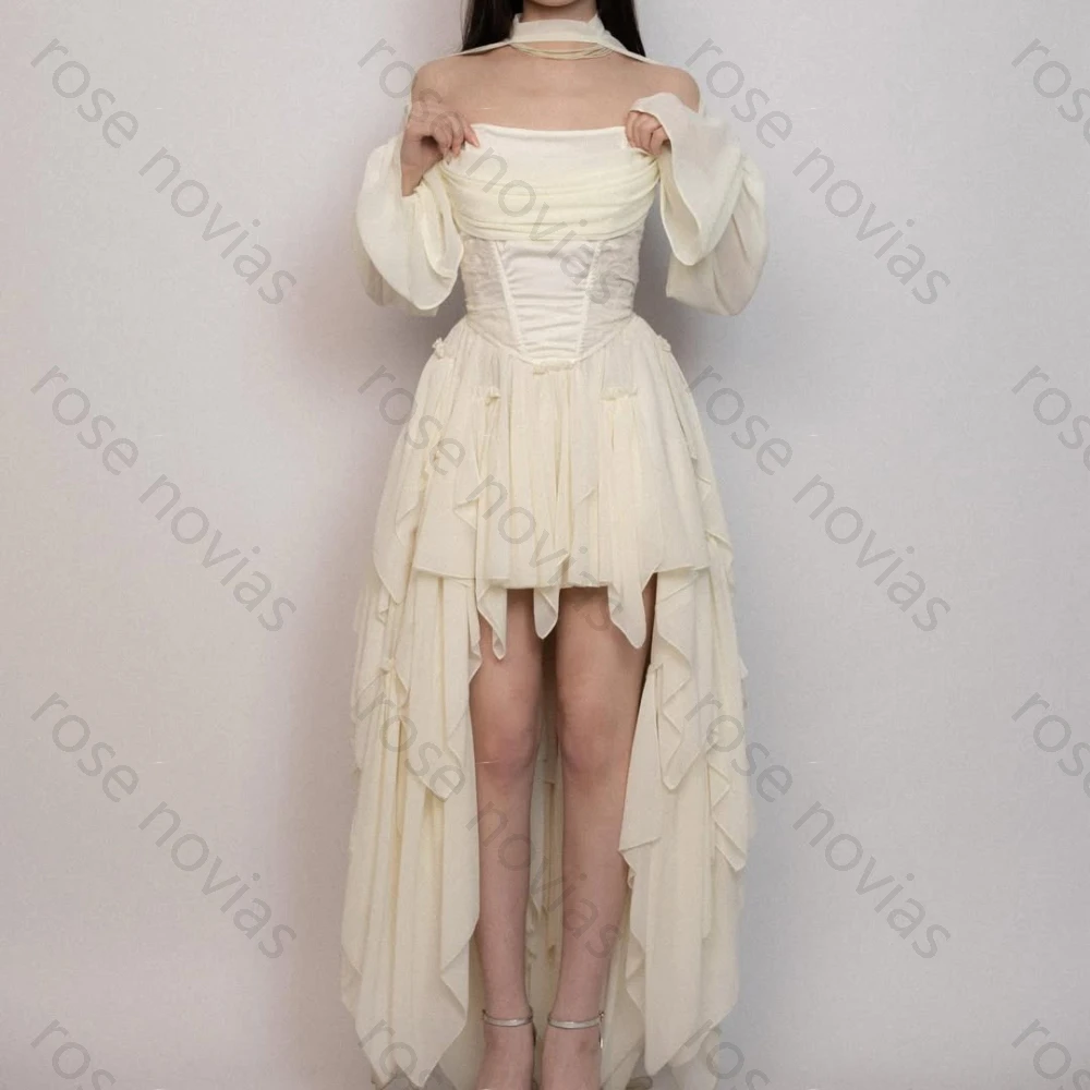 Customized 2026 Ivory White Chiffon Corset Off Shoulder High Low Ruffle Evening Dress for Women 2026 Elegant Formal Prom Gown