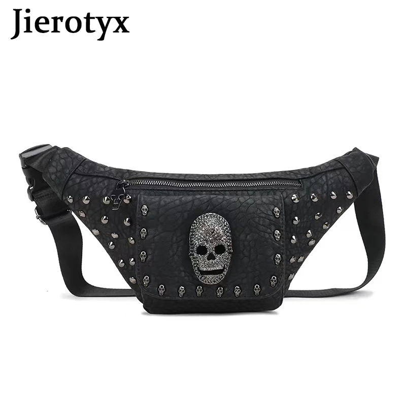 JIEROTYX Fanny Pack for Women Leather Vegan Belt Bag Goth Skull Crossbody Chest Waist Packs Hip Bumbags Vintage Rivet