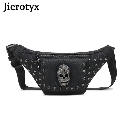 JIEROTYX-riñonera de cuero Vegano para mujer, bolso de cinturón gótico con calavera cruzada, riñoneras de pecho, bolsos de cadera con remaches Vintage
