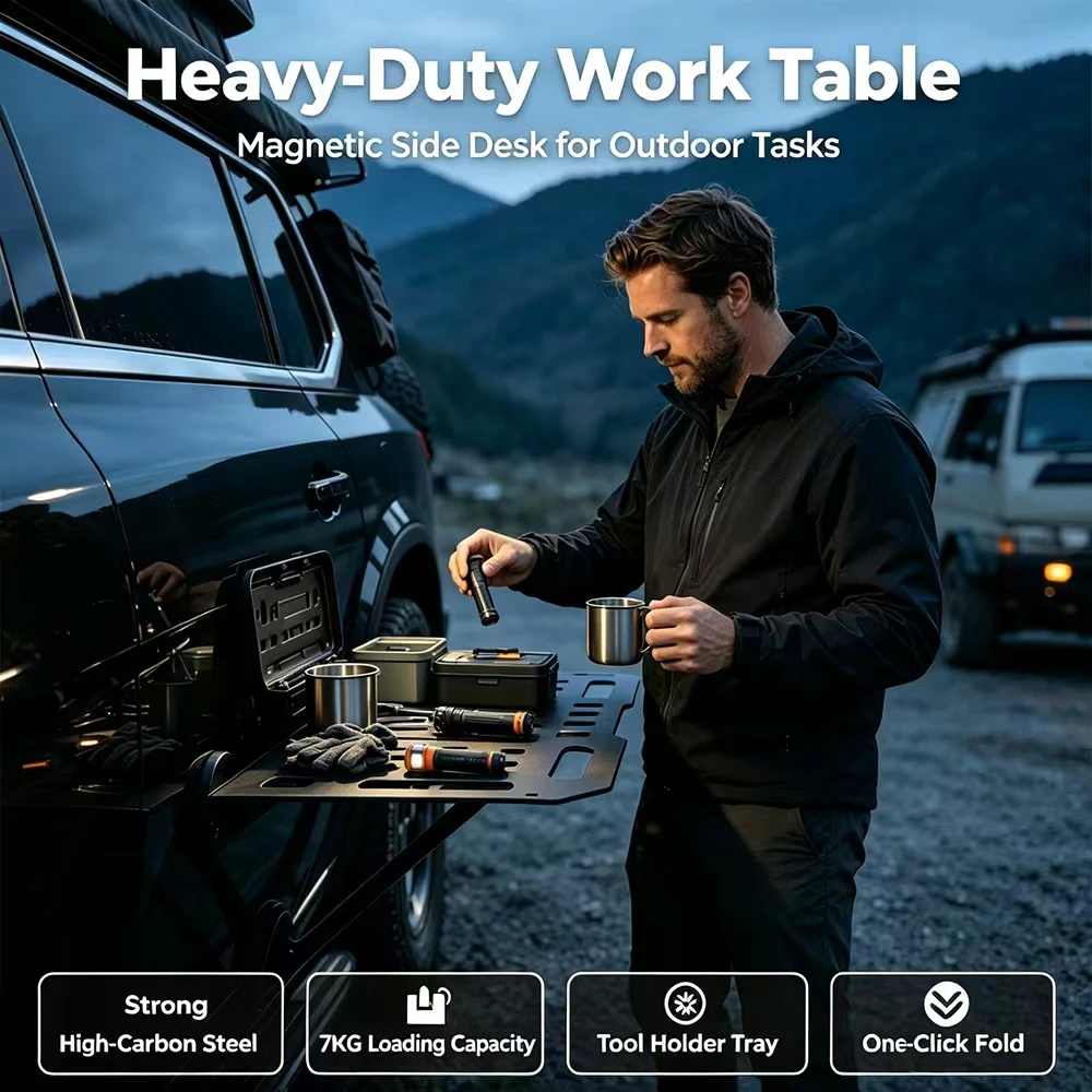 Magnetic Car Door Mount Side Work Table High‑Carbon Steel 7KG Load One‑Click Fold Tool Tray For Off‑Road SUV Outdoor Camping
