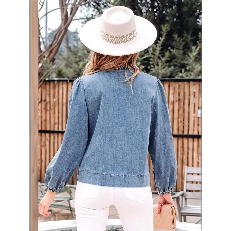 AEF6-Women Cute Tie Front Long Puff Sleeve Denim Top V Neck Summer Going Out Tops