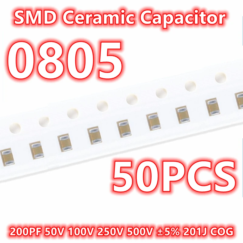 정품 0805 201J COG SMD 세라믹 캐패시터 IC 2012, 200PF, 50V, 100V, 250V, 500V ± 5%, 50 개