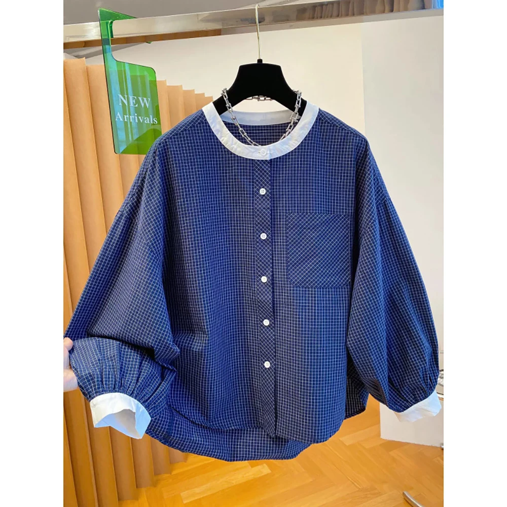 Mulheres em torno do pescoço azul xadrez camisas estilo coreano manga longa único breasted camisas primavera outono feminino casual solto casacos topos