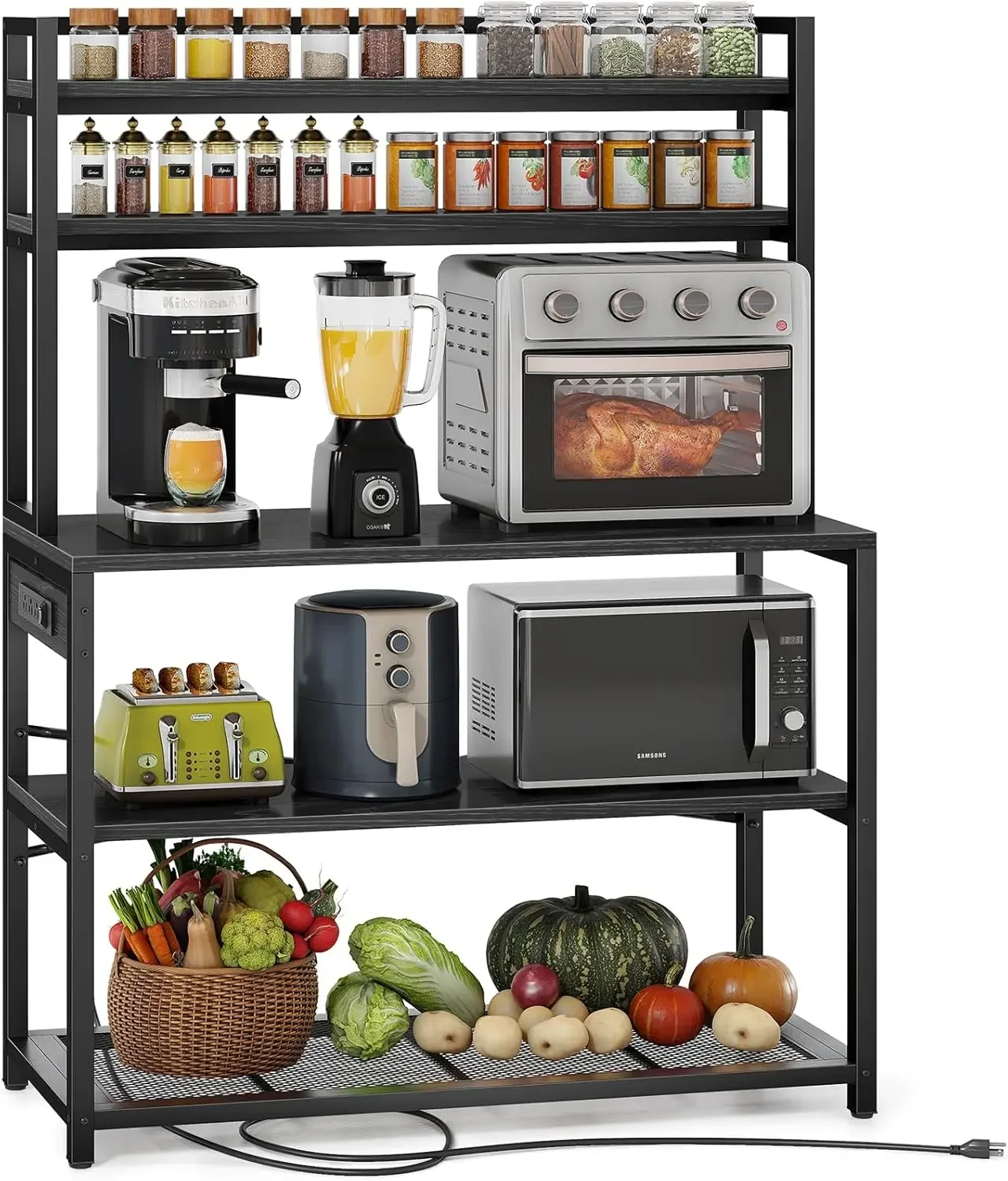 Inch Wide Large Bakers Rack with 3 Power Outlets, 5-Tier Microwave Stand with Storage, Freestanding Kitchen Stand