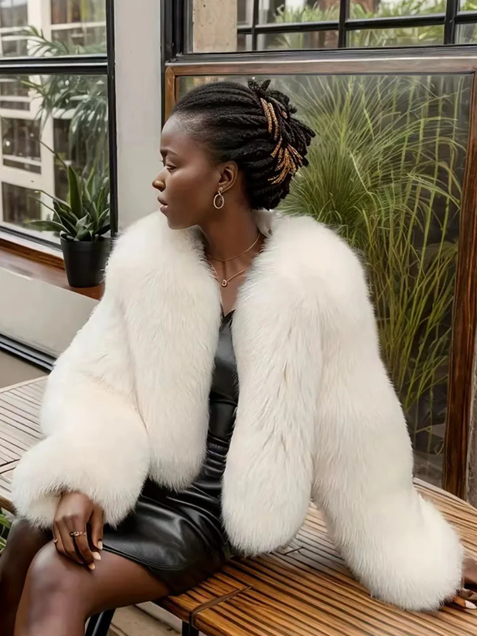 Wide Collar Long Sleeve Faux Fur Coat Loose Fluffy Short Winter Warm Outerwear for Women Party Daily Outfit