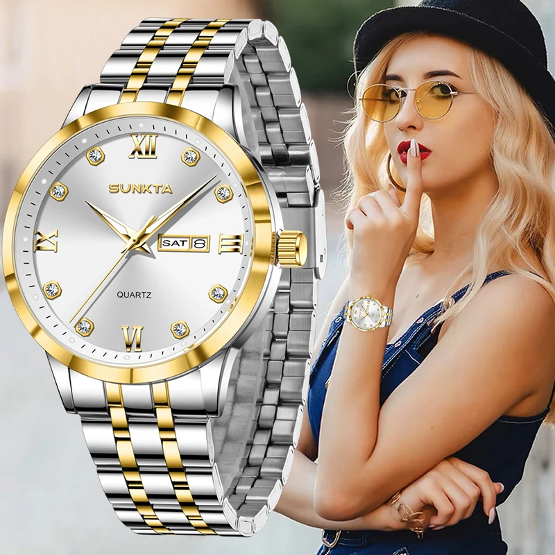 

Часы SUNKTA Diamond для женщин, модные простые кварцевые наручные часы с указанием дня недели и даты, спортивные светящиеся часы с хронографом, водонепроницаемые часы