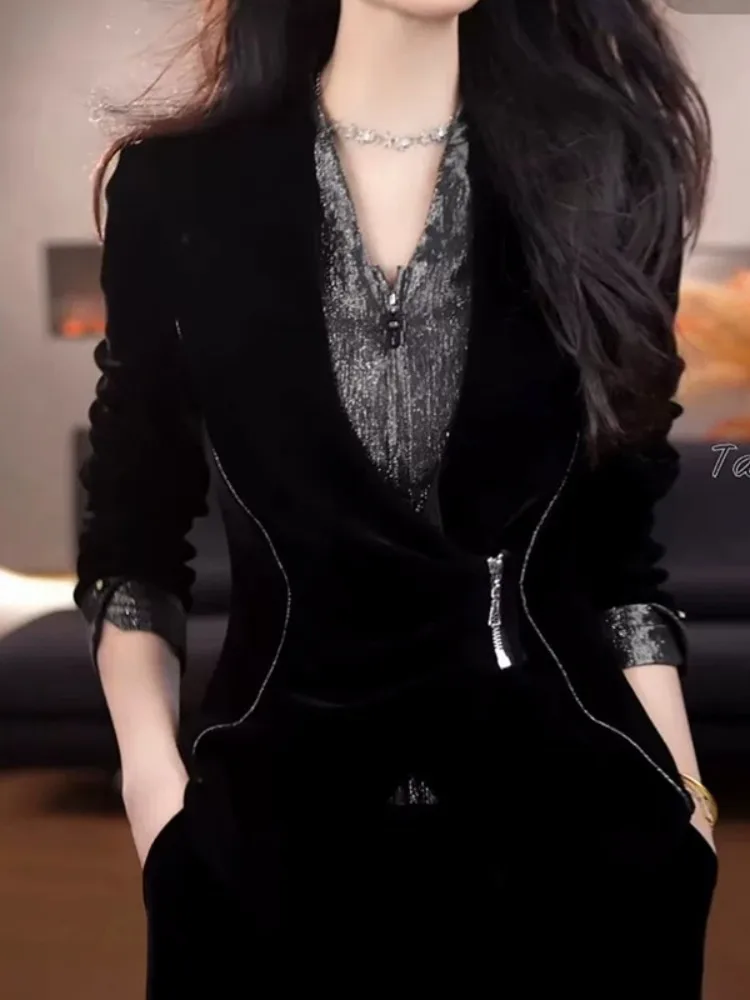 Elegant Black Gold Color Block Velvet Jacket Women's Fashion Slim Fit Autumn New Style Versatile Long Sleeve Top