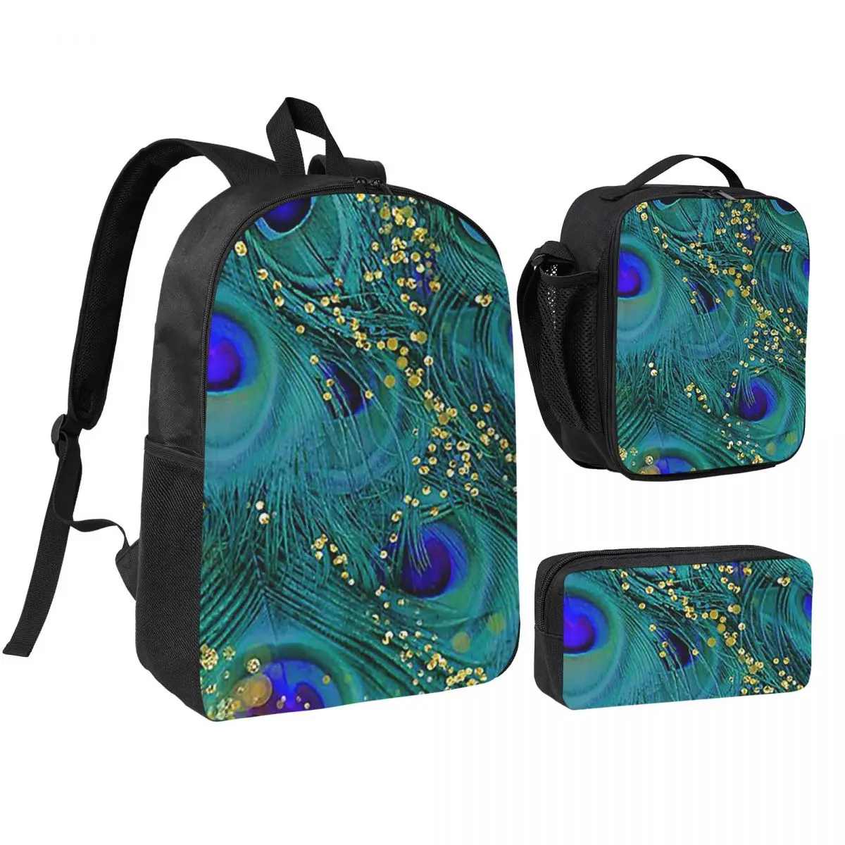 

Peacock Feathers Backpack Student BookBag School Bag Shoulder Bags 3ps Insulated Lunch Bag Pencil Case