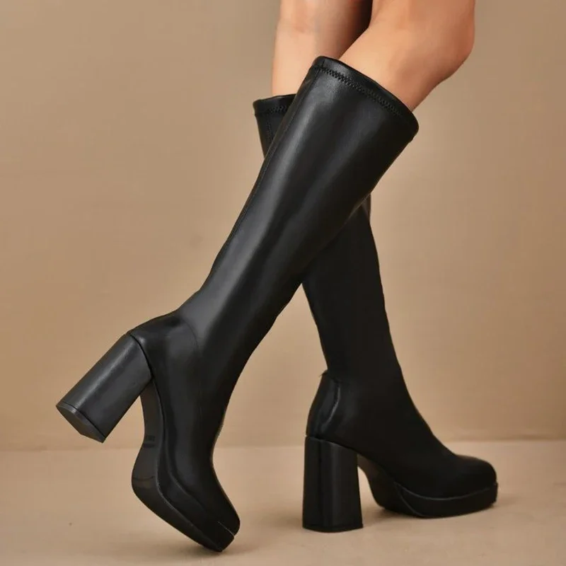 

Женские сапоги до колена на высоком каблуке больших размеров, женские сапоги до колена на массивной платформе, зима 2025 года, ботинки с квадратным носком на толстой подошве