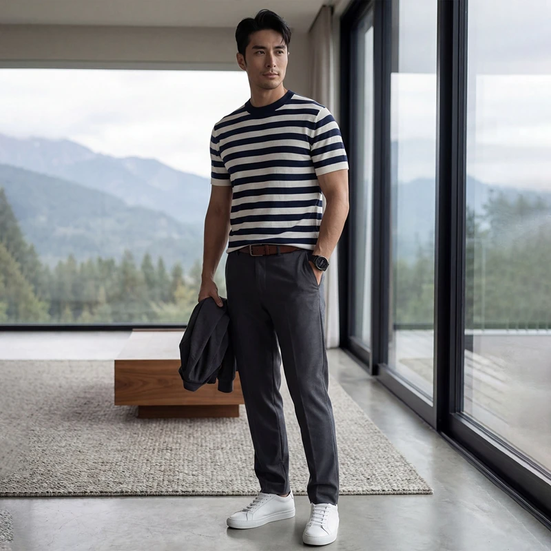 Men's 100% cashmere T-shirt business casual striped knitted sweater short sleeved round neck Tees18 needle spun Tops Blouse