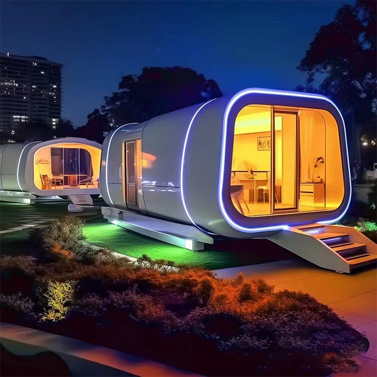Space capsule room, mobile trailer room with kitchen, with wheels