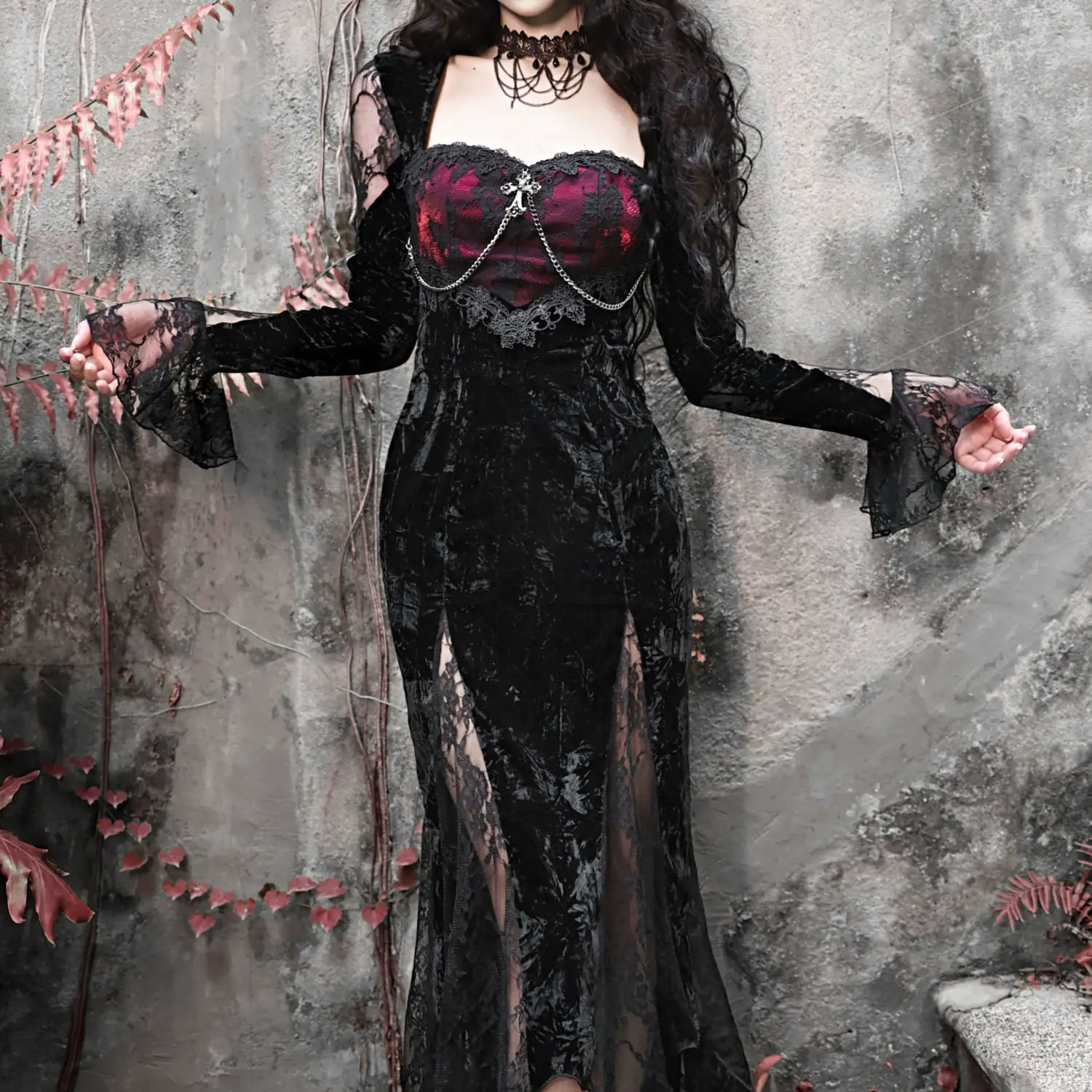 여름 고딕 로즈 슬림 레이스 스티치 드레스 하이 프로파일 그림 우아한 뜨거운 여자 피쉬 테일 스커트