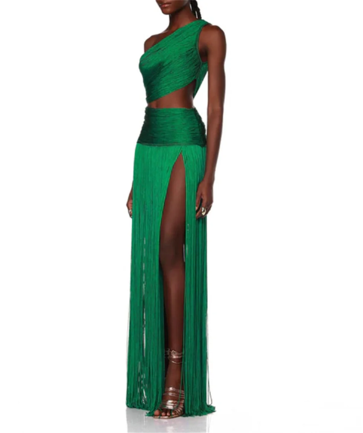 Fashion Green One Shoulder Prom Dress Sleeveless Satin Tassel Skirt Evening Dress Sexy Cutout Special Occasion 2024 Custom New