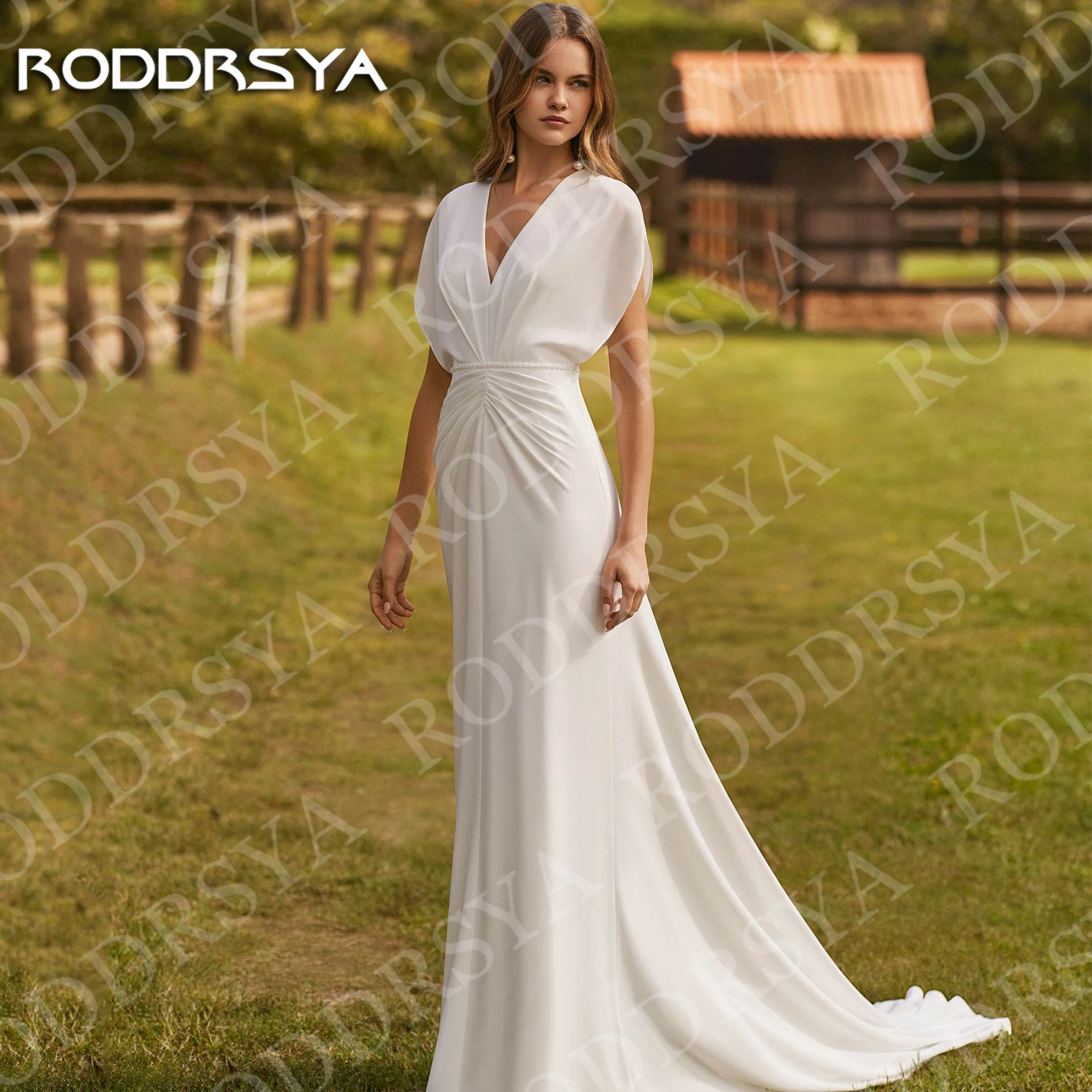 RODDRSYA Simple Chiffon Wedding Dress Boho Beach Elegant Mermaid V Neck Pleated Bridal Dresses Customized Robe Mariage Femme