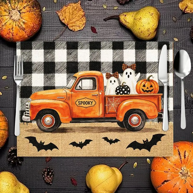 VIKAMA 2/4/6pcs VIKAMA Halloween Meal Mat Ghost Pumpkin Bat Witch Hat Retro Truck Table Mat Festival Party Decoration