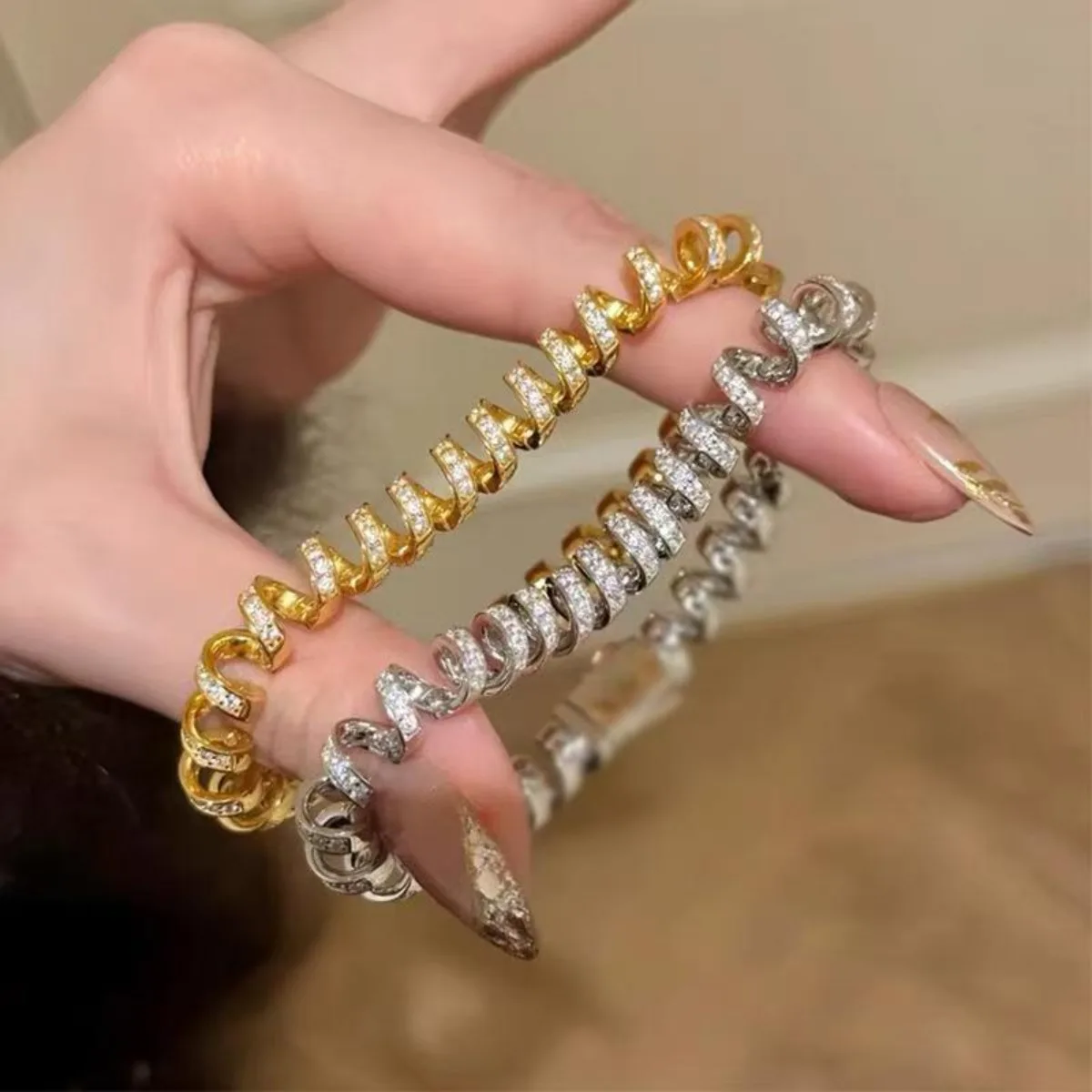 JP One Zircon Studded Stainless Steel Telephone Wire Bracelet, Luxury Coiled Design Wrapped Bangle for Women Jewelry 16cm