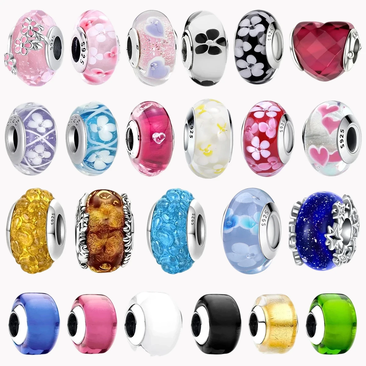 

925 Sterling Silver Murano Glass Charms fit Original Bracelets Round Murano Glass Charms Beads DIY Women Jewelry Gifts for Women