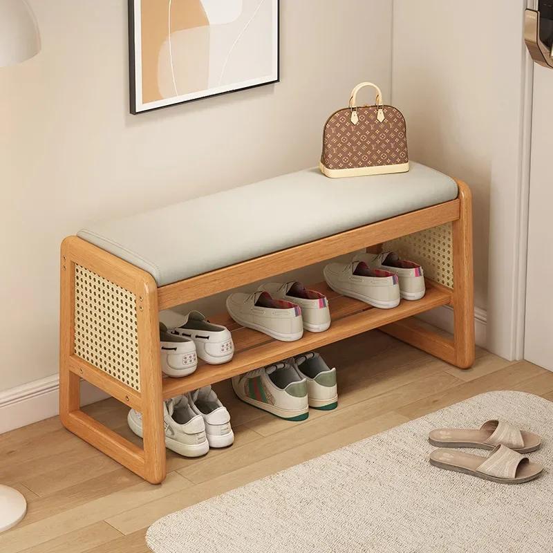 

New model Teng woven shoe changing stool, entrance door, home door, multi-layer storage, solid wood, shoe stool