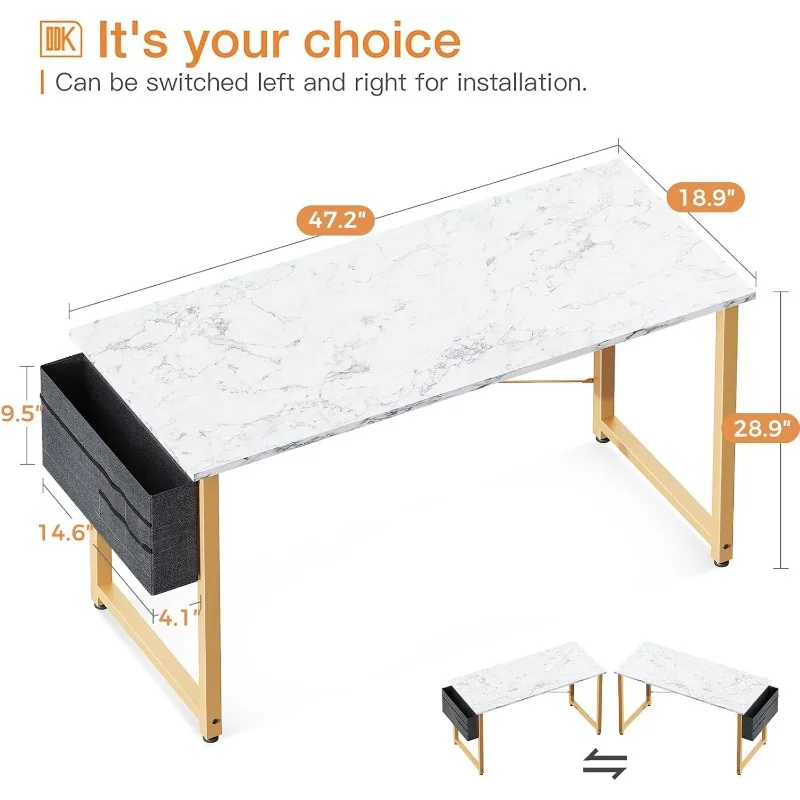 Computertisch, großer Büroschreibtisch, 48-Zoll-Schreibtisch mit Stauraum, mit Kopfhörerhaken für das Heimbüro, weißer Marmor + goldenes Bein
