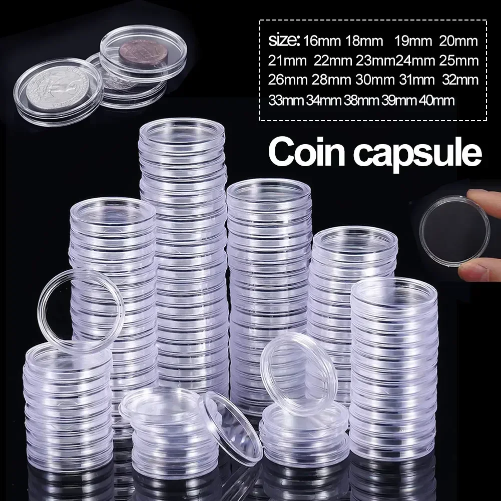 100 peças 18/19/20/21/23/24/25/26/28/30mm cápsulas de moedas de plástico transparente porta-moedas capas protetoras cápsulas de moedas transparentes redondas