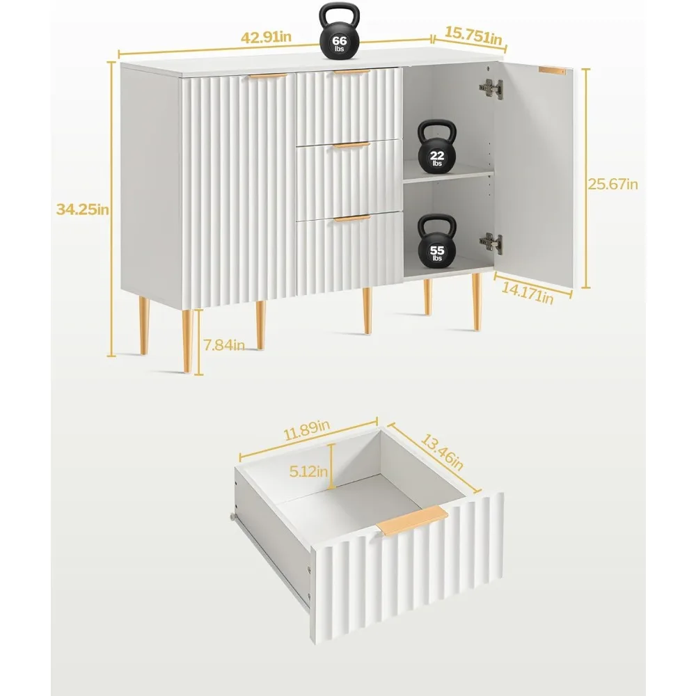 White Storage Cabinet with 3 Drawers, Glossy Fluted Buffet Cabinet Sideboard with Adjustable Shelves